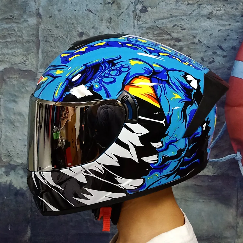 

Full Face Helmet Motorcycle Double Lens Racing Casco for Men Women Removable Lining Waterproof Colours Visor Blue Wild Pattern