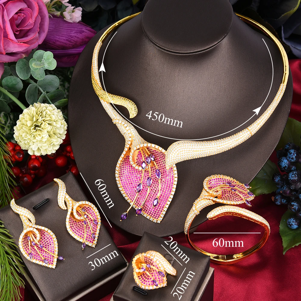 

Luxury lily Flower Bridal Necklace Bracelet Earring Ring Jewelry set For Ladies Women Wedding African CZ Dubai Accessories