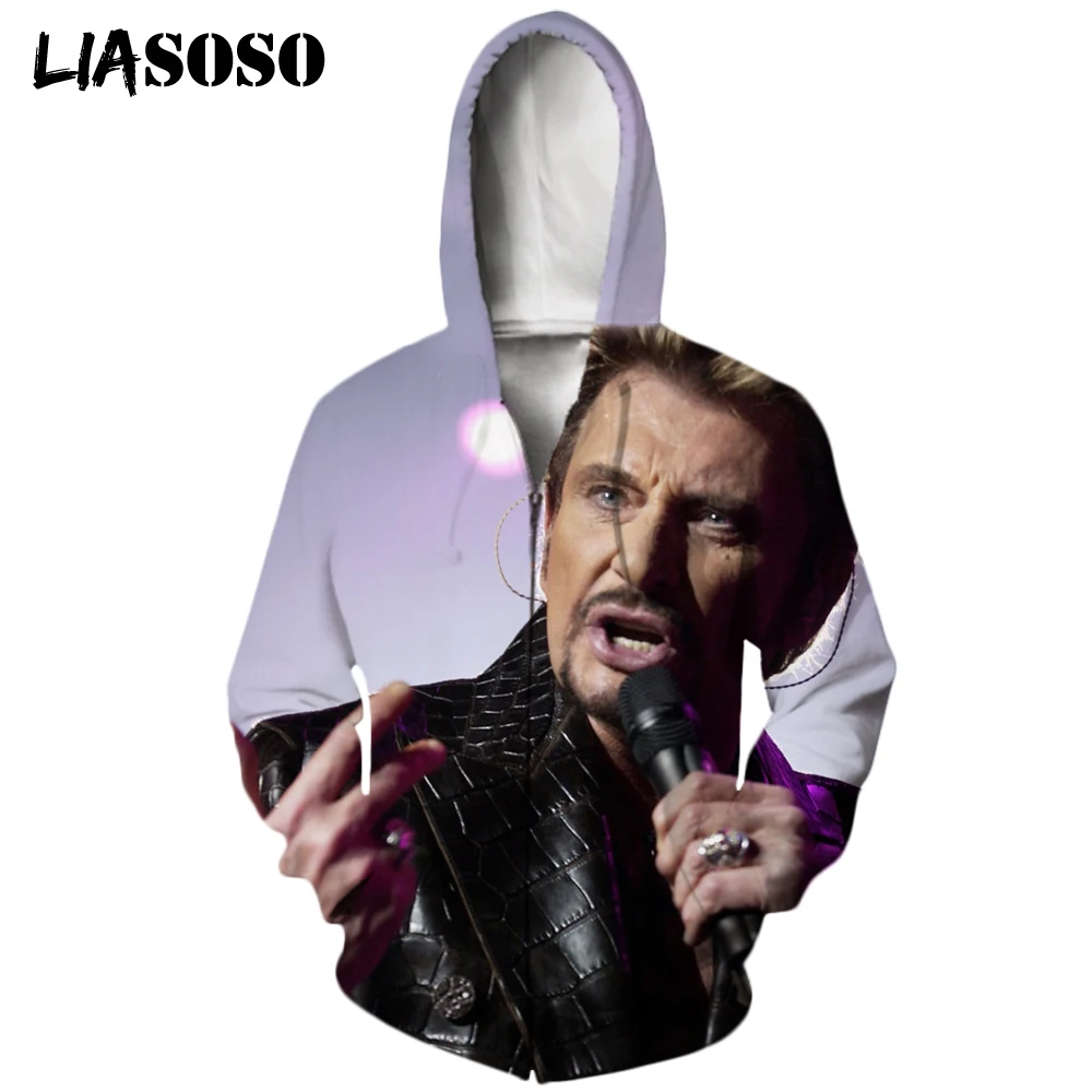 

LIASOSO New Fashion t shirt zipper 3D Print Johnny Hallyday France Casual Sweatshirt Unisex Harajuku Tee Pullover