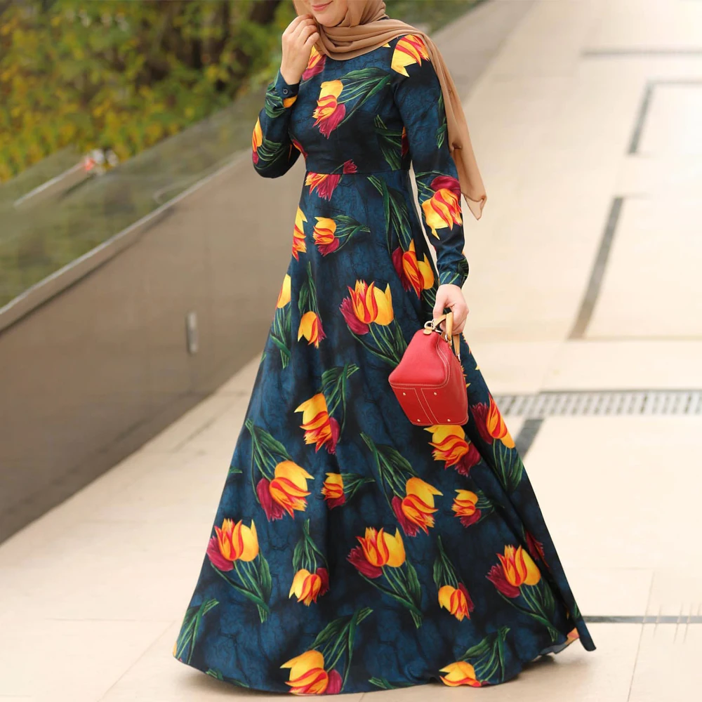 

MD Muslim Fashion Women Dubai Elegant Abaya Floral Print Boho Dress Evening Gowns Turkey Malaysia Kaftan African Dashiki Boubou