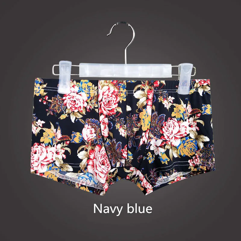 NN195-Navy blue IYUNYI, мужское шелковое нижнее белье, высокое качество, боксеры, шорты, модные, с цветочным принтом, шорты, выпуклый мешочек, трусы, сексуальные Бикини Боксеры - Цвет: NN195-Navy blue