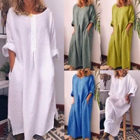 hot sales casual women solid color oversize maxi cotton linen long shirt kaftan%c2%a0dress