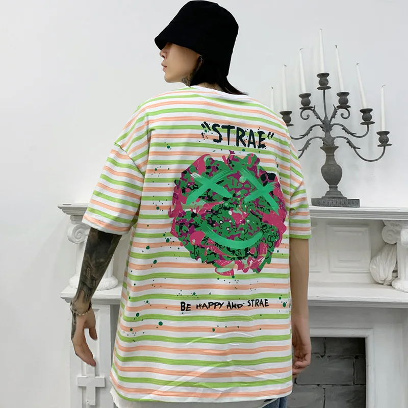 Мужская футболка в стиле Харадзюку хлопковая с коротким рукавом полоску и