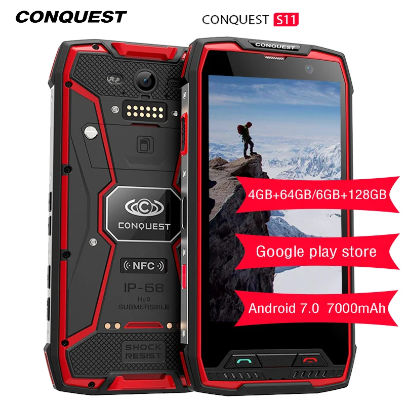 Original Conquest S11 IP68 прочный смартфон 4 Гб + 64 Octa Core 7000 мАч отпечатков пальцев/Face ID Google play