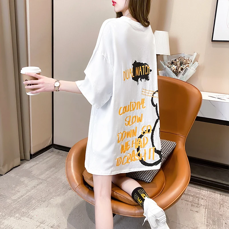 

Houthion Cotton Women's T-shirt Printing Plus Size Top Loose Short Sleeve Tshirt New Korean Fashion Tops Casual O-neck T Shirt