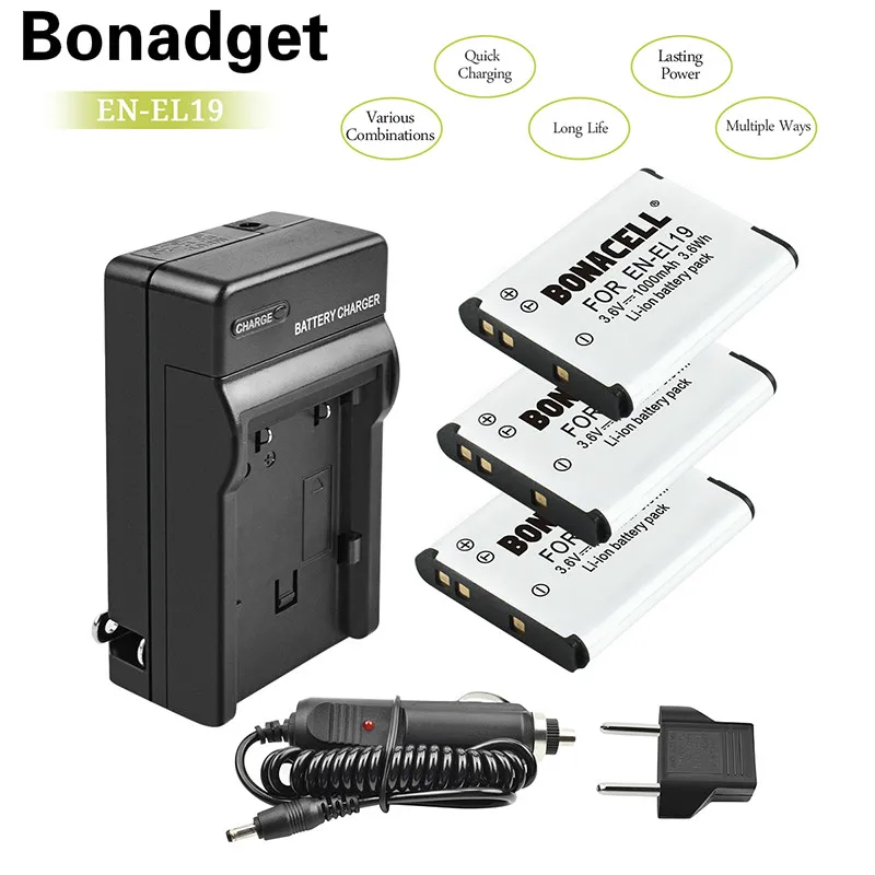 Bondget 3 шт. EN EL19 Li Ion Батарея Зарядное устройство пакет для Nikon Coolpix S33 S32 S3600 S3700 S4300 S5200