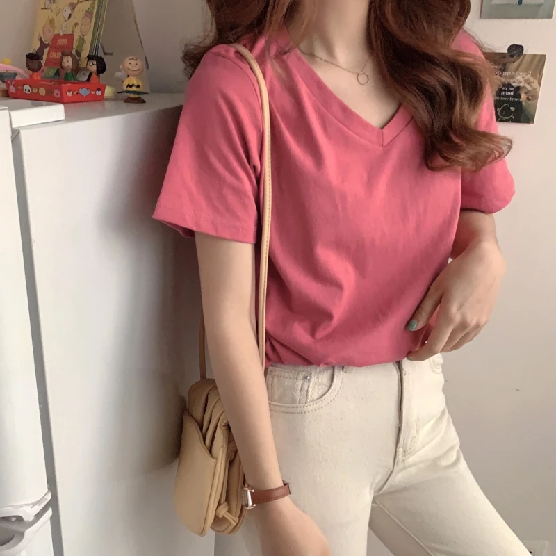 

V-neck Black Short-Sleeved T-shirt Women's New Summer Korean Style Loose All-Matching Student Underwear Top Ins Fashion