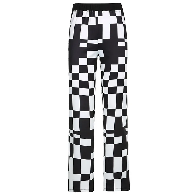 

Retro Y2K Fashion Irregular Plaid Contrast Knitting Straight Pants Women's 2021 Summer High Waist Pants Streetwear Goth Outfits