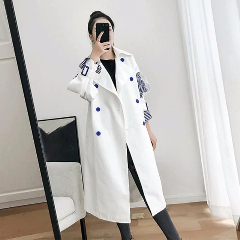 

2019 New Fashion Womne Clothes Korean Girl'S Windbreaker Korean Two Paper Sleeve Joint Stripe Chic Loose Coat White AA5260