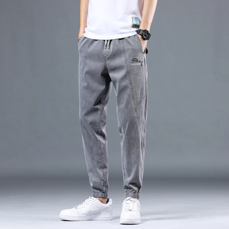 

2021 New Spring And Autumn Men's Jeans Fashion Straight Gray Stretch Denim Trousers Simple Solid Color Nine-Point Slim Multi-Poc