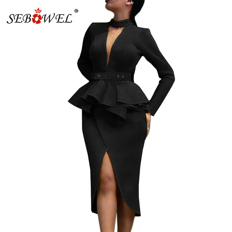 Осеннее женское асимметричное платье миди SEBOWEL с длинным рукавом и баской