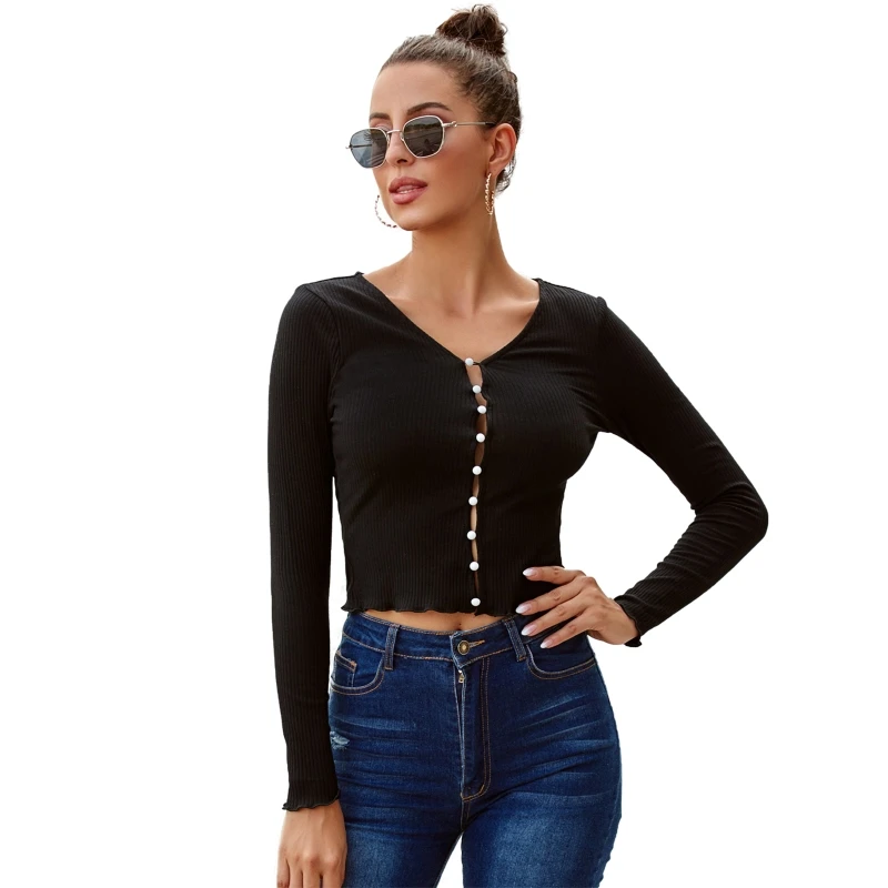 

Women Solid Single Breasted Buttons Knit Cardigan Long Sleeve V Neck Crop Tops
