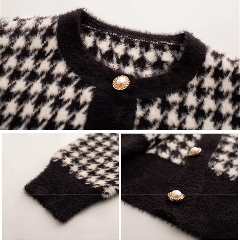 

Korean Houndstooth Short Sweater Cardigan Jacket Women Elegant Imitation Mink Fleece Knitwear Tops Vintage O-neck Knitted Coats