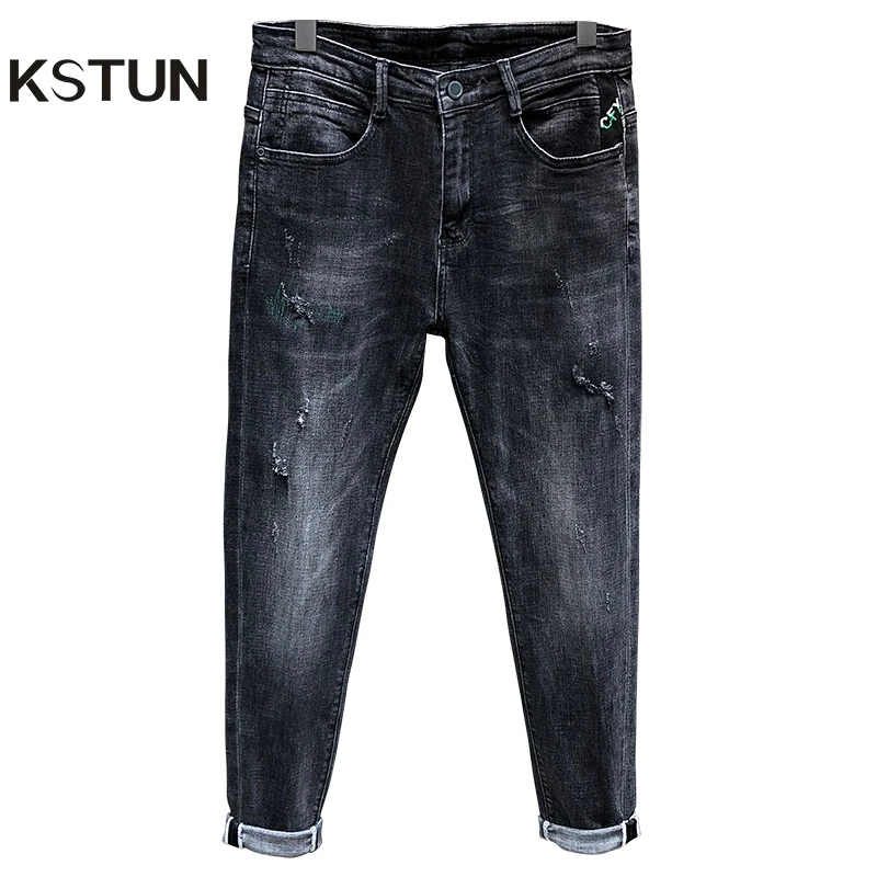 Потертые джинсы Мужские обтягивающие брюки серые эластичные мужские рваные