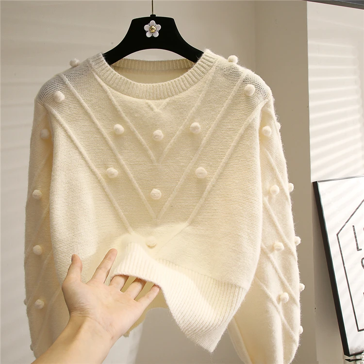 

2021 Autumn Winter Loose Sweater Women's Fur Ball Spliced High Quality Knitwear Long Sleeve Vintage Knit Pullovers Lady Sweaters