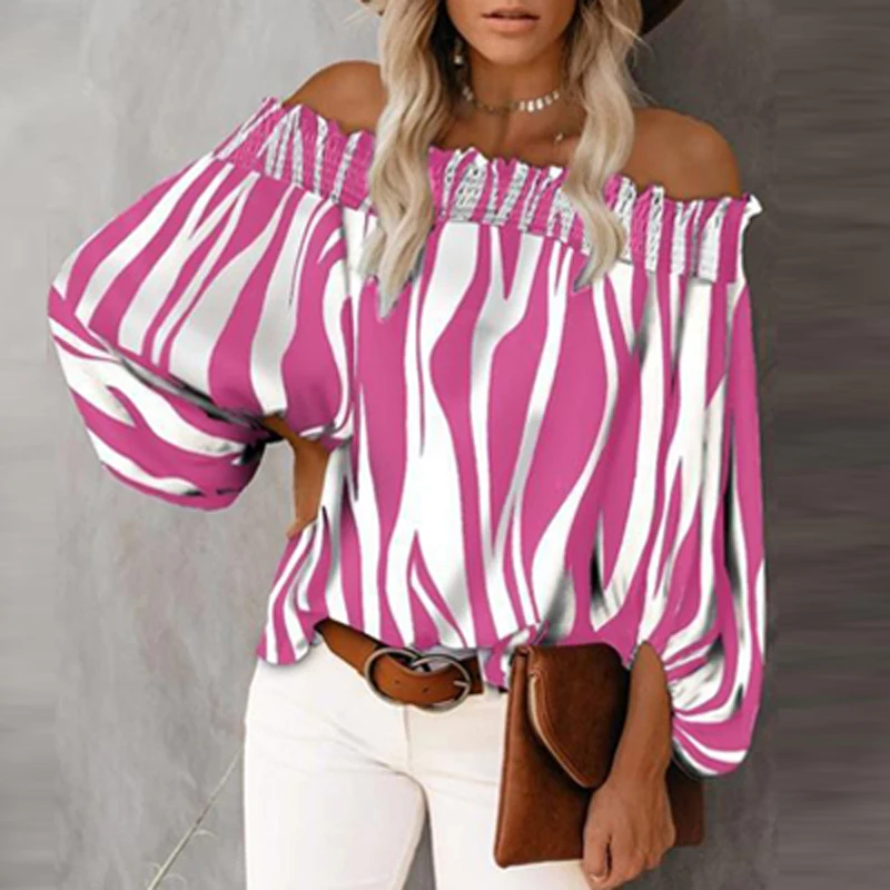 

Women Fashion Sexy Off Shoulder Elastic Blouses Autumn Shirts Elegant Retro Striped Print Lantern Sleeve Top Pullover Lady Blusa