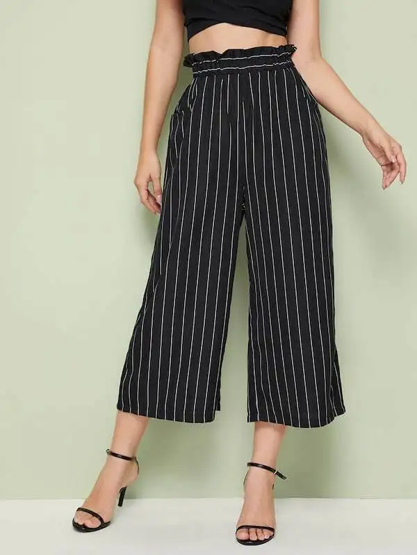 Женские полосатые широкие брюки с принтом свободные палаццо оборками Новинка