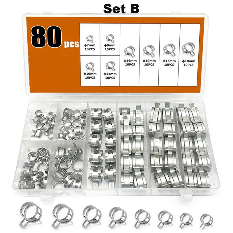 

Free Shipping 80pcs/set 7-18mm Spring Clip Hose Clamp Fastener Fuel Line Hose Water Pipe Air Tube Car Plumbing Tools