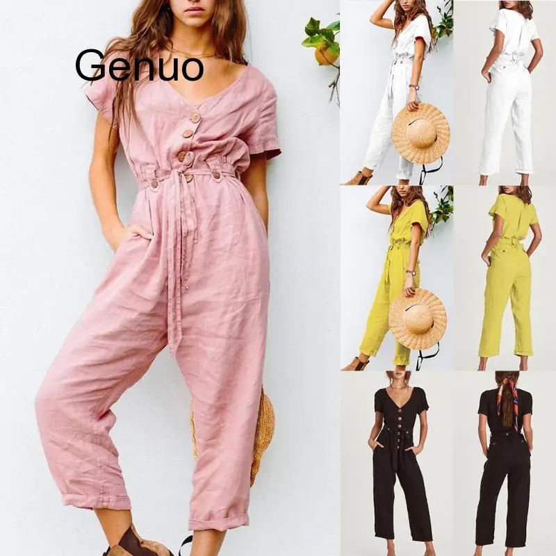 

Womail Jumpsuit Women Elegant Summer Short Sleeve Single Breasted Button Overall Black Wide Leg Long Jumpsuit Trousers Holiday