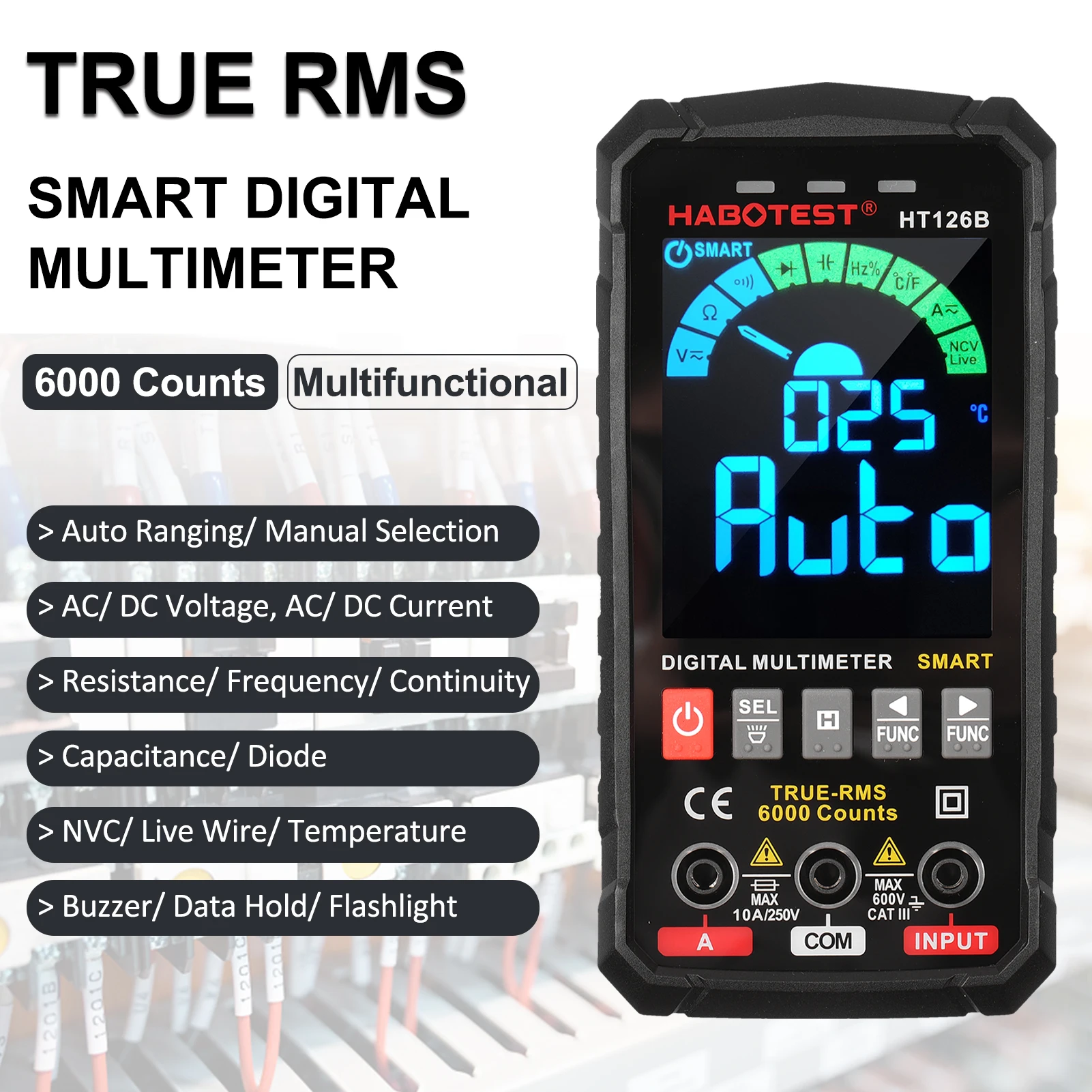 

HABOTEST HT126A Multimeter 6000 Counts True RMS Auto-ranging Voltmeter Ammeter Temperature AC DC Current Capacitance Resistance