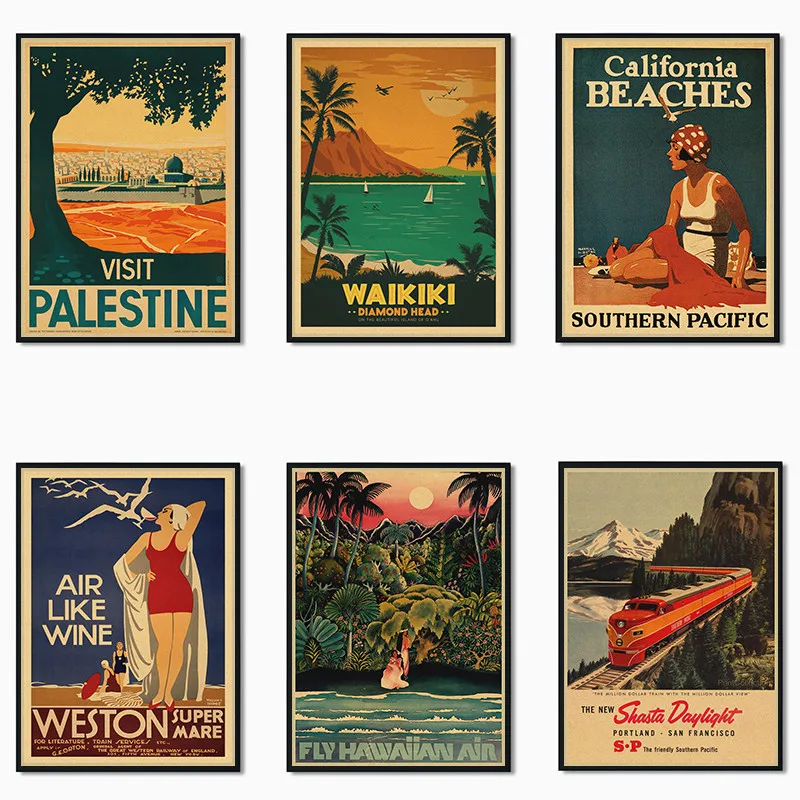 

Famous tourist landscape paintings Kraft Paper Poster Bar Cafe Vintage High quality Printing Drawing core Decorative Painting