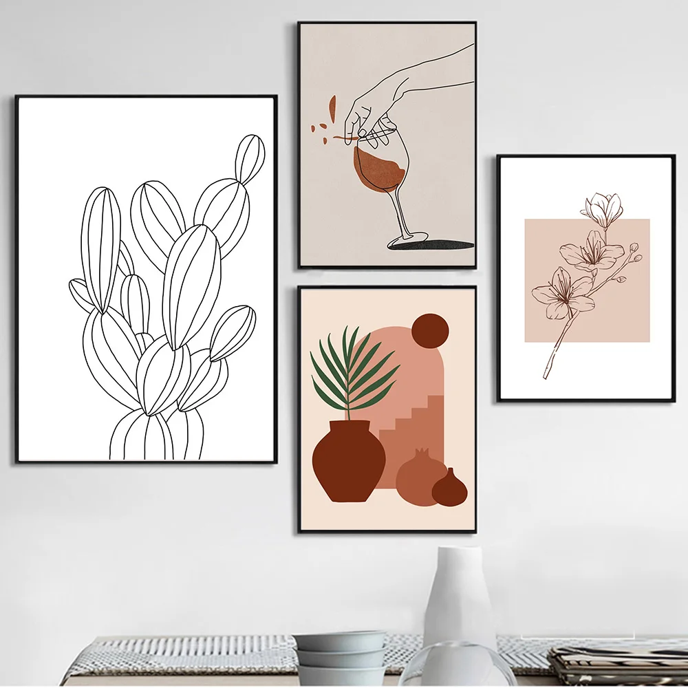 

Boho Style Abstract Lines Flower Poster Nordic Prints Wine Glass Cup Canvas Painting Wall Pictures for Living Room Decor