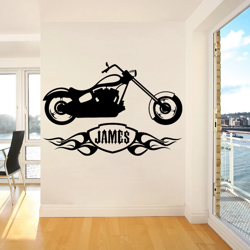 Motorcycle Wall Decals Chopper Flames Wall Sticker Custom Boy Name Vinyl Decal Home Decor Bedroom Living Room Dceoration C351