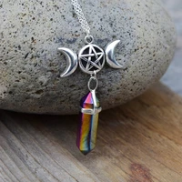 fashion rainbow crystal necklace gothic pentagram triple moon crystal necklace goddess of march wiccan jewelry