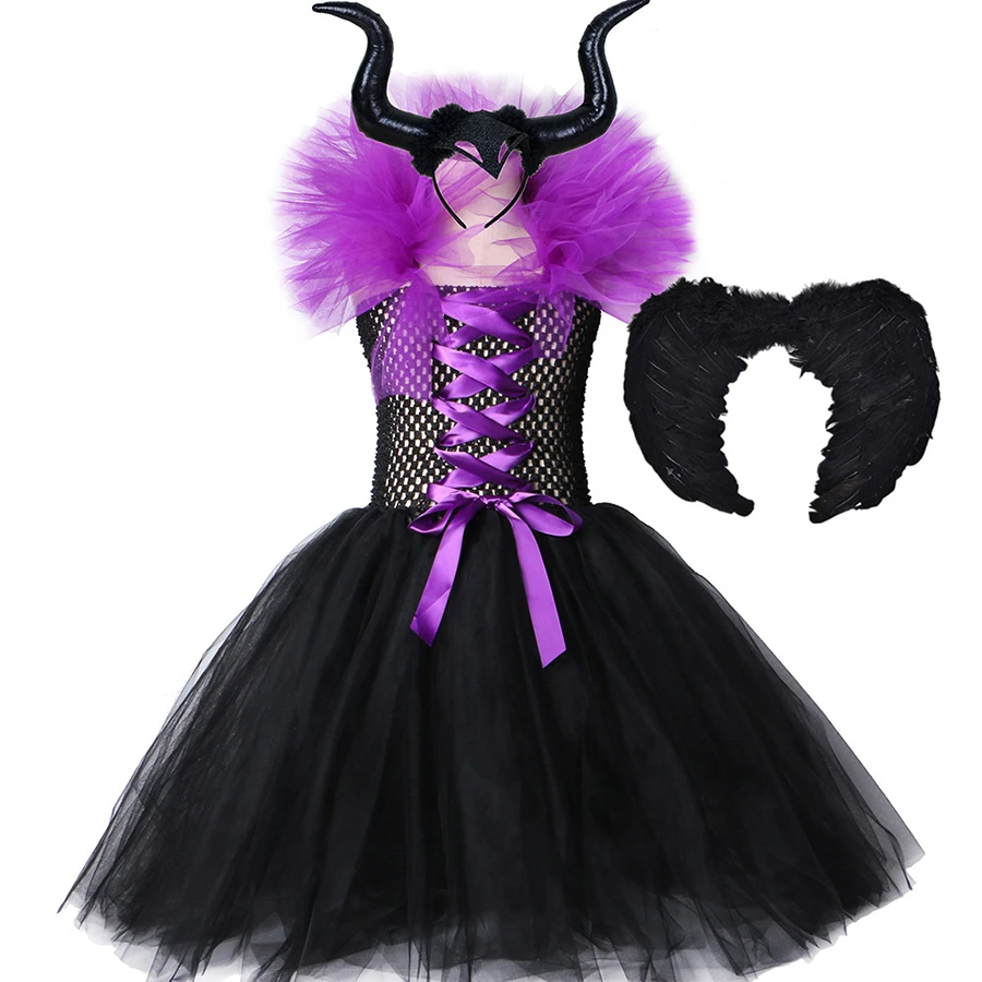 Maleficent/платье пачка злая королева для девочек с рогами костюм ведьмы косплея