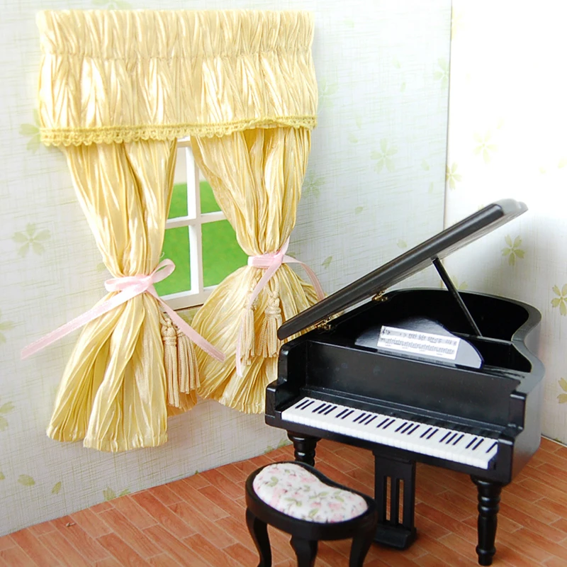 

Cute Dollhouse Miniatures Lattice And Lace Yellow Cotton Curtain For 1/12 Scale Dolls House Bedroom Furniture Decor Acc