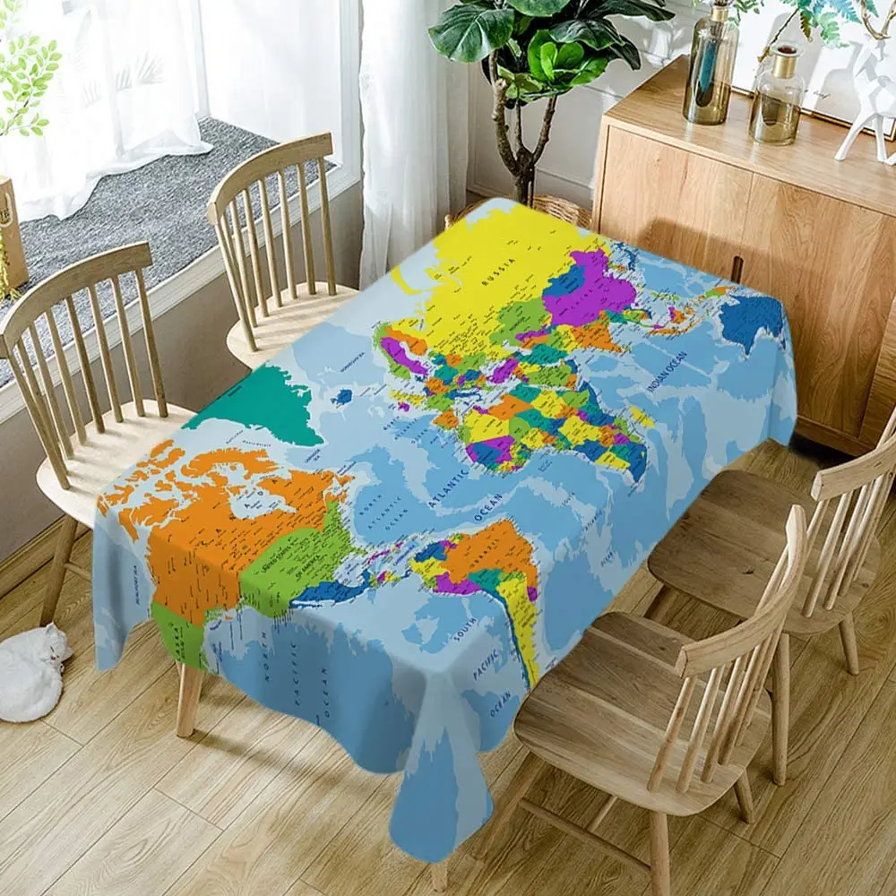 World Map Tablecloth Home Decor Geography Global Map Country Ocean Mountains Table Covers for Dining Room Kitchen