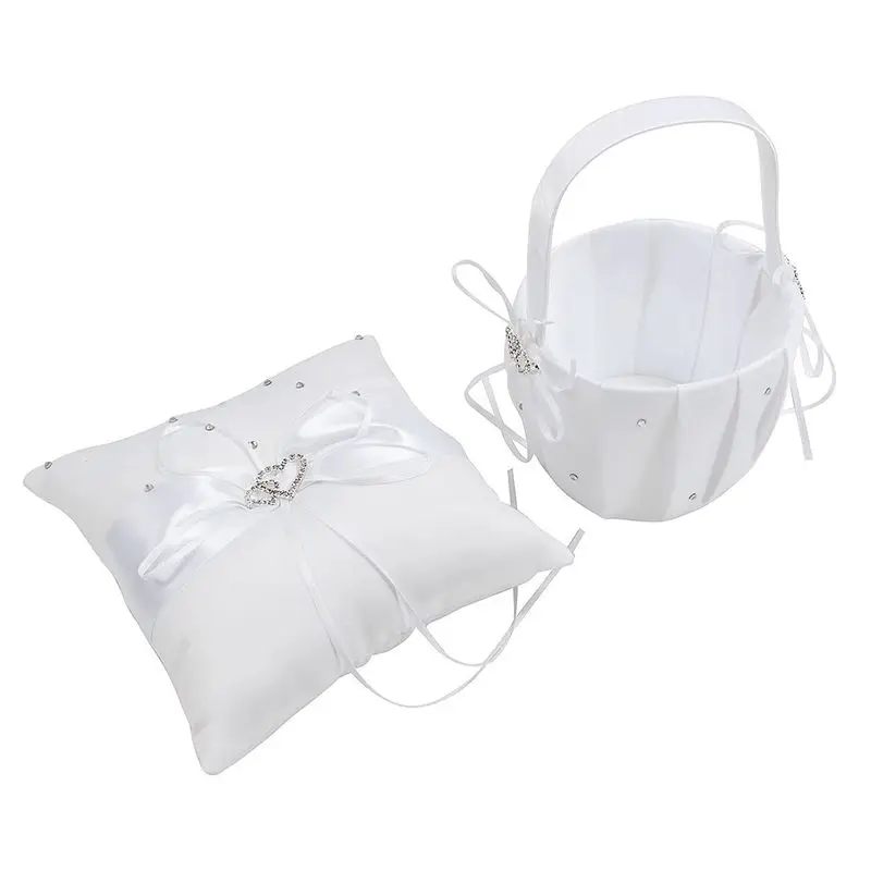 

2 Heart Rhinestones Ivory Satin Flower Girl Basket And Ring Pillow Set Bleach