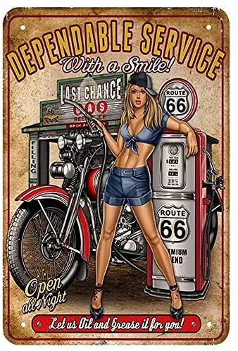 

Dependable Service Tin Signs - Sexy Pin Up Girl Beside The Motorbike and Oil Station Vintage Metal Tin Sign - Wall Decor for