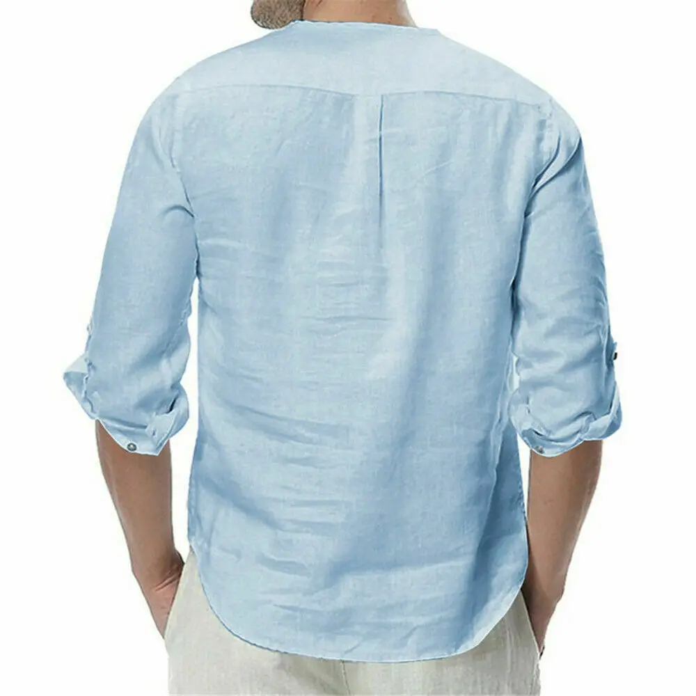 

2019 New Men Long Sleeve Linen Loose Shirt Casual Pure Color Shirt Fashion Male Linen Shirts Soft V-Neck Tops Clothes Plus Size