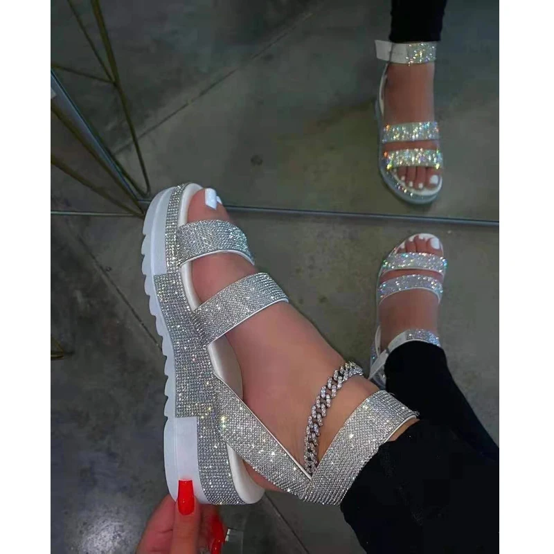 

2021 Summer Sandals Fashion Rhinestone Women's Shoes Open Toe Low Heel Outdoor Sandals Plus Size 43
