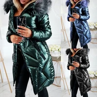 solid jacket women faux fur hooded zipper straight mid length padded jackets 2021 winter casual streetwear plus size warm coat
