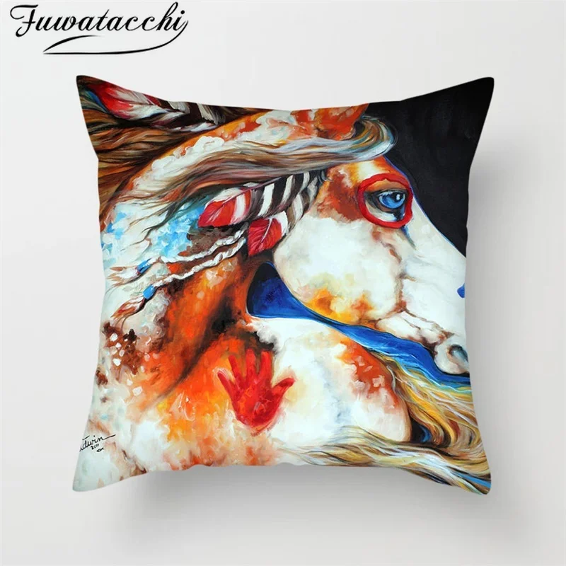 Fuwatacchi Animal Oil Painting Cushion Cover Dog Panda Horse Deer Tiger Chicken Pillow for Home Chair Decor Pillowcases | Дом и сад