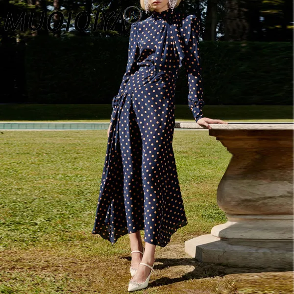 

Runway Dress 2021 Women High Quality Designer Retro Vintage Polka Dot Print Audrey Hepburn Style Bow Neck Pleated Long Dress