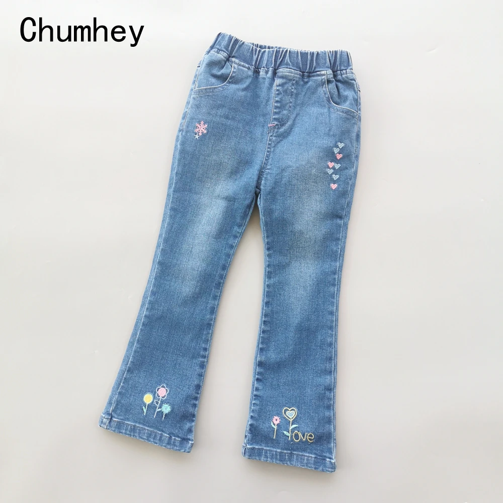 Chumhey/От 3 до 8 лет джинсы для девочек весенне-осенние детские джинсы мягкие эластичные джинсовые брюки с вышитыми цветами одежда для детей