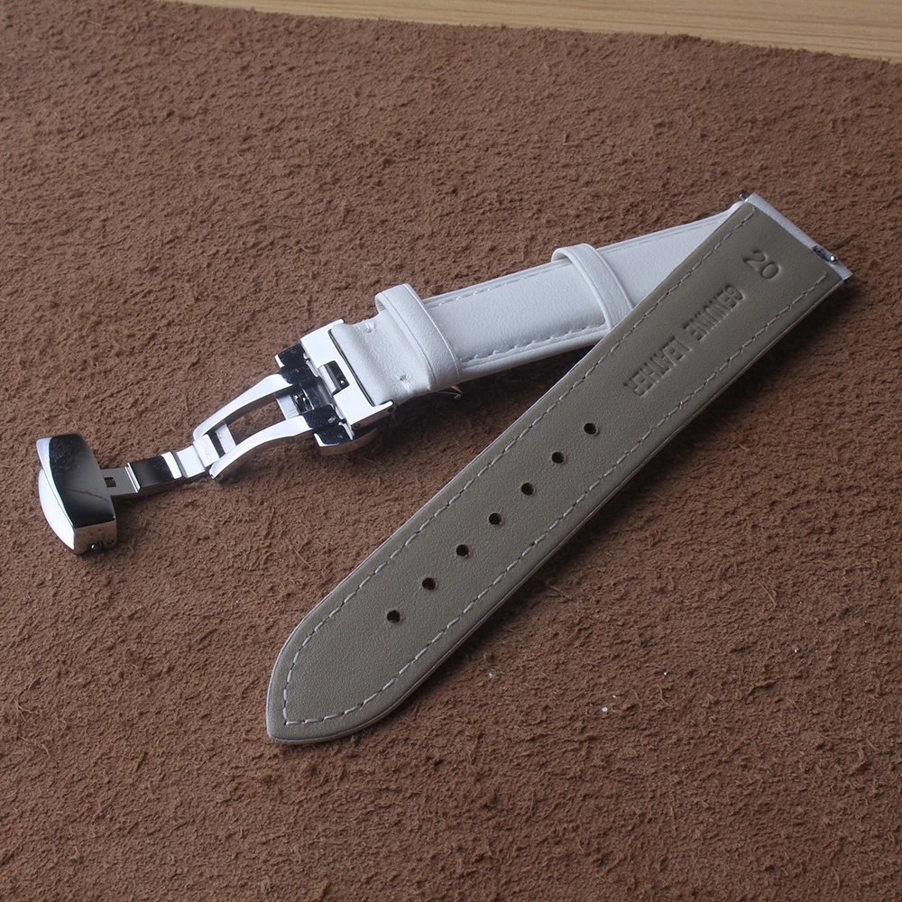 

Watchband Genuine Leather White Smooth Women's Watch Band 14mm 16mm 18mm 20mm Straps Quick release pins Silver Butterfly Buckle