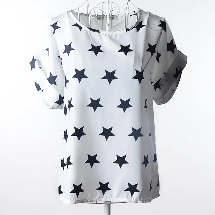 B058White Black Star INDJXND Новое поступление Летняя Блузка женские Топы цветочный принт рубашки элегантные повседневные с коротким рукавом Boho пляжные свободные Blusas Femininas - Цвет: B058White Black Star