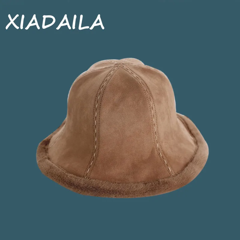 

Autumn and winter new big head round plush basin hat flocking cloth bucket hat wild fisherman hat female retro horn hat