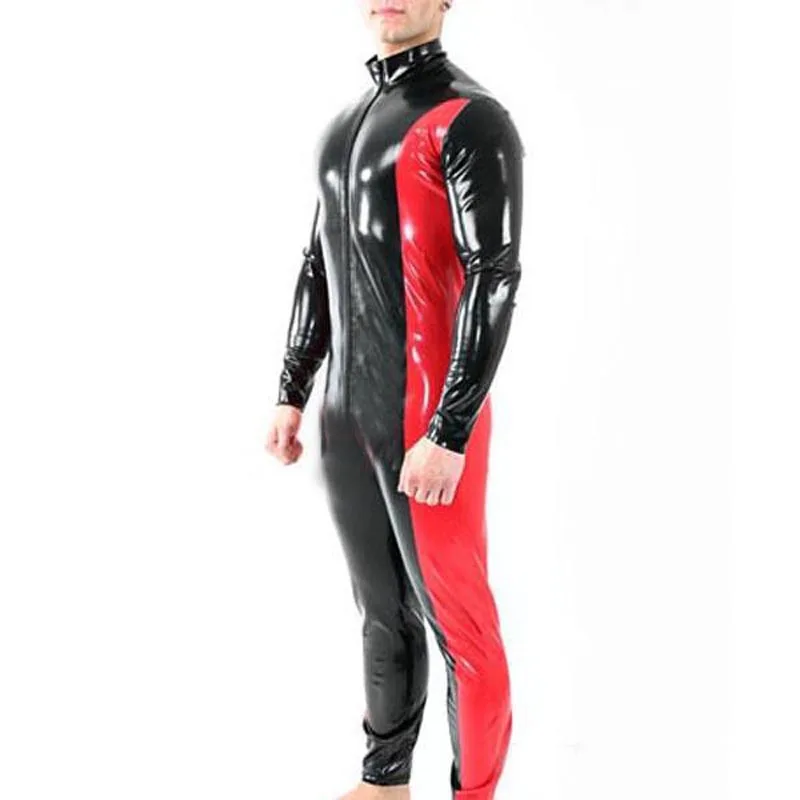 

Rubber Latex Male Catsuit Black and Red Color Patchwork Bodysuit with Front Zip Handmade S-LCM054