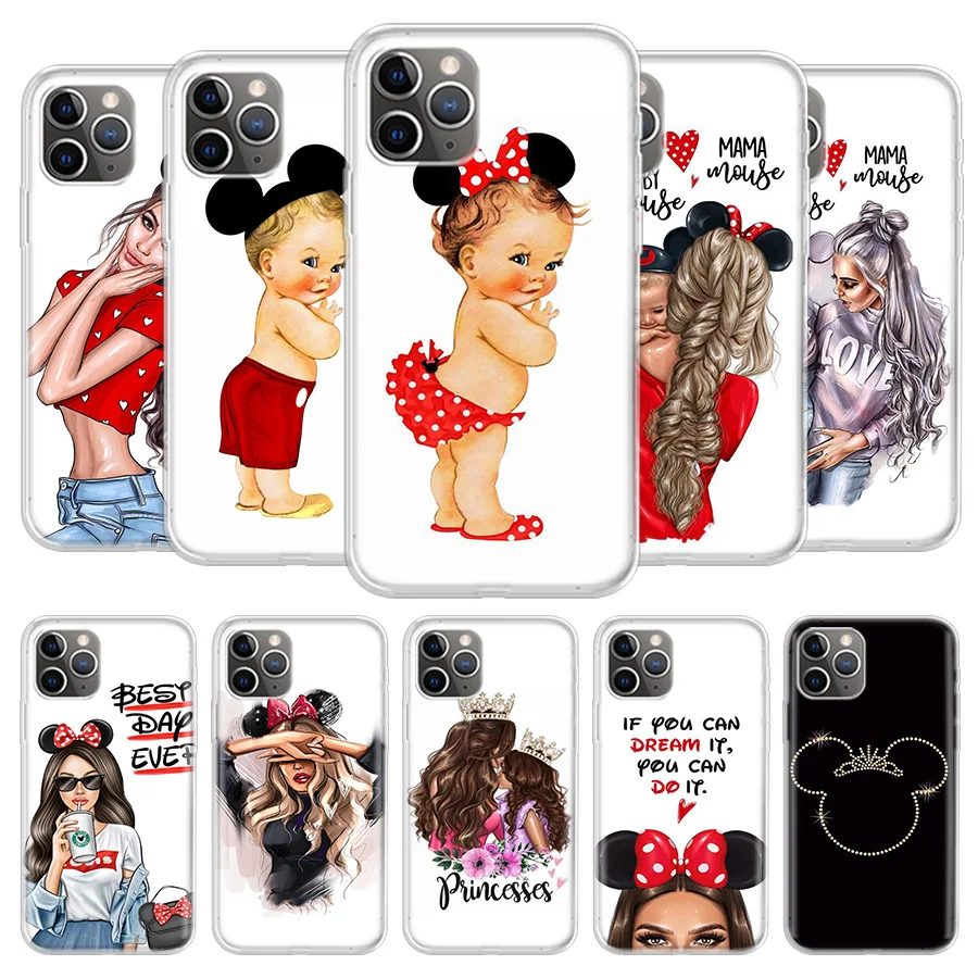 

Mouse Baby Mon Girl Love Cover Phone Case For iPhone 13 12 11 Pro 7 6 X 8 6S Plus XS MAX + XR Mini SE 5S Coque Shell Capa Fundas