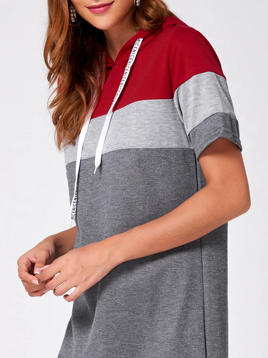 

College Style Loose Hooded Sweater Block One Piece Dress