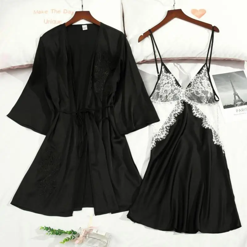 

Sexy Perspective Kimono Gown Satin Bathrobe Lace Patchwork 2PCS Nighty&Robe Set Lady Intimate Lingerie Silky Home Clothes
