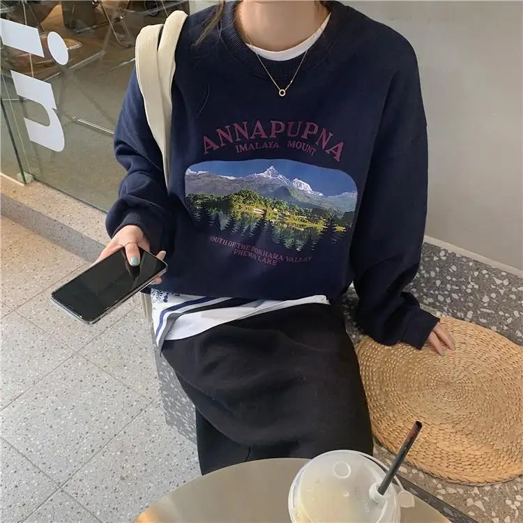 

Casual New Brand Design Navy Vintage Letters Print Thick Oversized Sweatshirt For Teens Girls Women Warm Winter Tops Streetwear