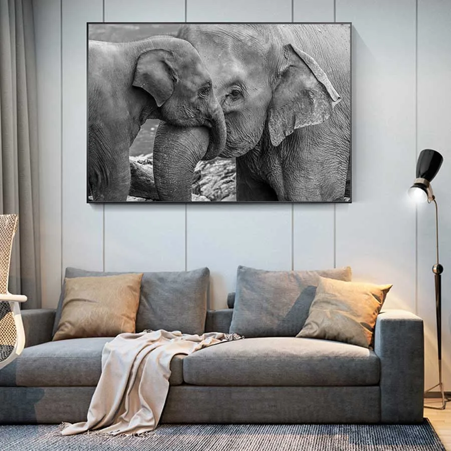 

Black and White Elephant and Baby Elephant Canvas Painting Posters and Prints Animals Wall Art Pictures for Home Decor