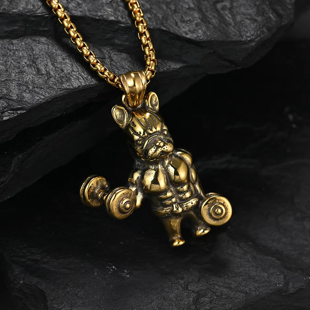 

Muscle Bulldog fitness dumbbell necklace sports men's strength pendant gym opening commemorative gift