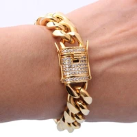 new fashion 15mm 7 11 mens bracelet white crystal buckle gold curb stainless steel miami chain bracelet jewelry